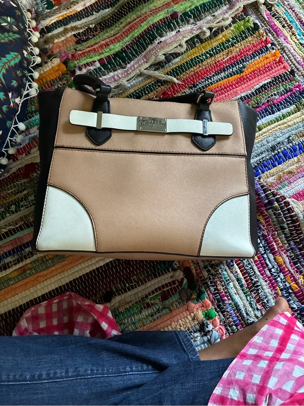 GUESS Tan, Black & Cream Structured Shoulder Tote